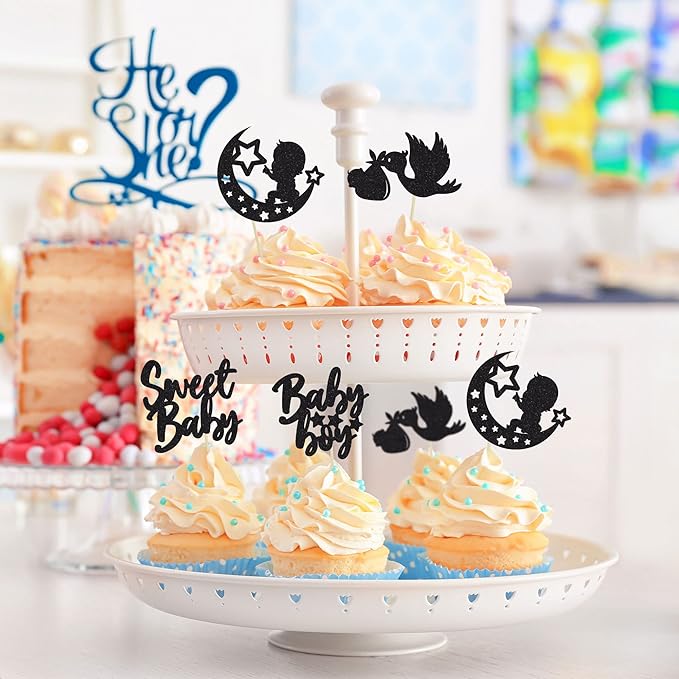 24Pcs Sweet Baby Boy Cupcake Toppers Black Glitter Moon Star Baby Shower Gender Reveal Cupcake Picks Decorations for Baby Shower Kids Boys Birthday Party Cake Decorations Supplies