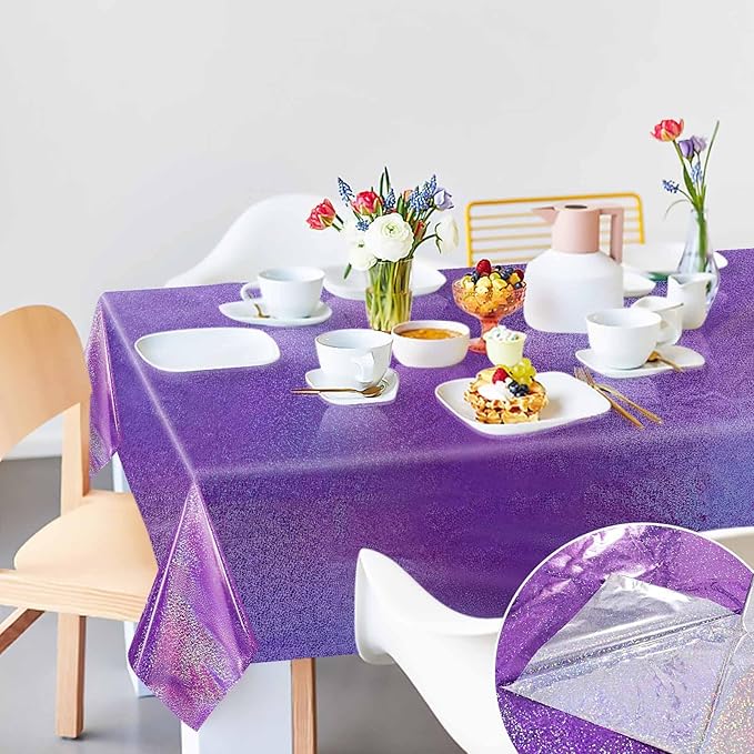 1 Pack Light Purple Iridescent Plastic Tablecloth Disposable 54 × 108 Inch Glitter Holographic Foil Table Cloth Plastic Laser Rectangle Table Cover for Birthday Wedding Disco Party