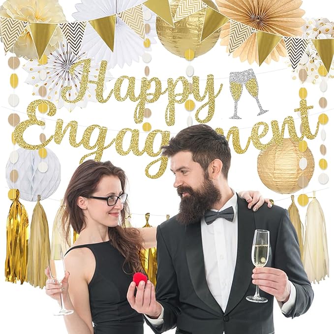 Engagement Party Decorations, Gold Glitter Happy Engagement Banner, Almost Married/Just Engaged Photo Background, Paper Tassel Garland for Congratulations Wedding Bachelorette Party Shower Décor