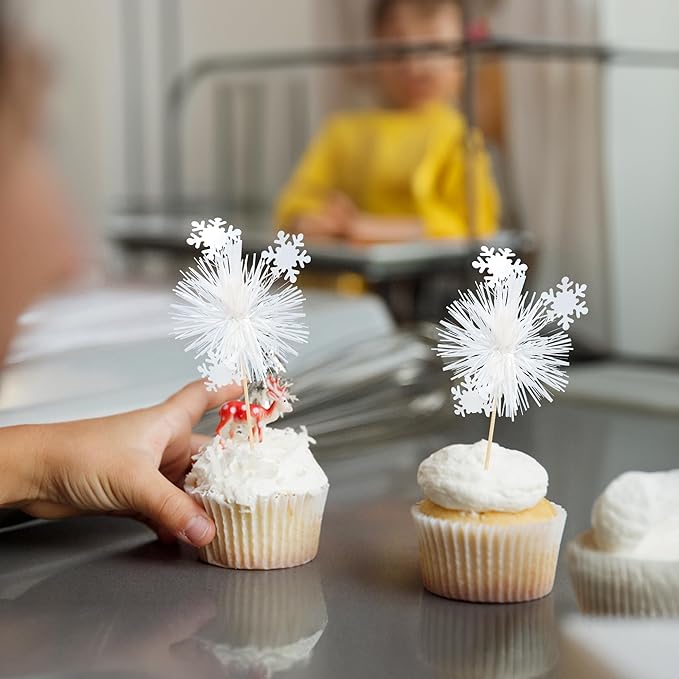 Gyufise 20Pcs Foil Firework Cupcake Toppers Sparkle Tinsel Cake Toppers Tinsel Drink Cake Decoration Cocktail Picks for Birthday Wedding Graduation Party Supplies White