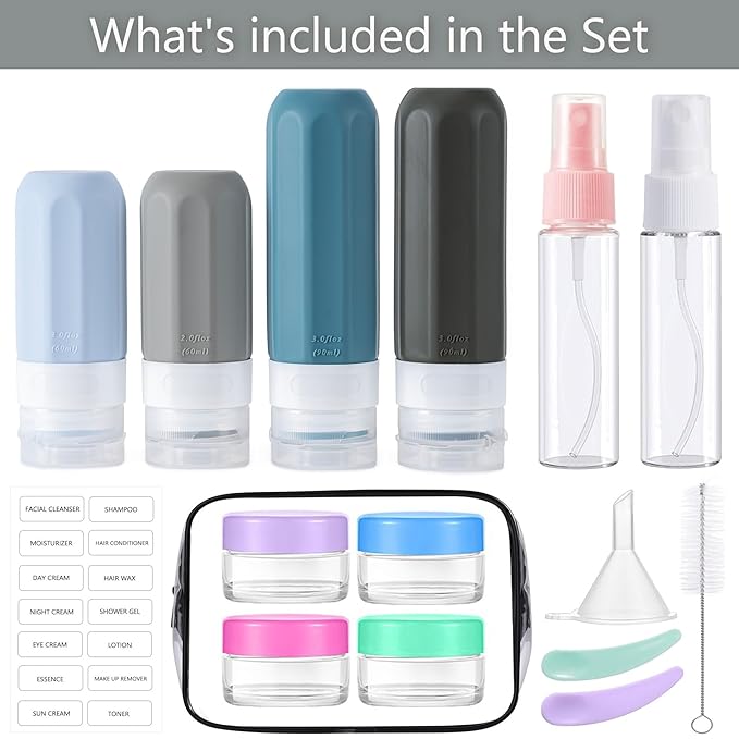 MODENGKONGJIAN 16 Pack Travel Bottles for Toiletries,TSA Approved Silicone Squeezable Travel Shampoo Bottles, 3oz Leak Proof Refillable Toiletry Cosmetic Containers (16PCS/Grey)