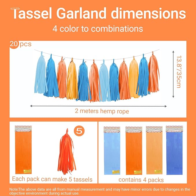 Orange and Blue Paper Tassel, 20 Pack, Party Decorations for Birthday, Baby Shower, Sprot Game,Graduation