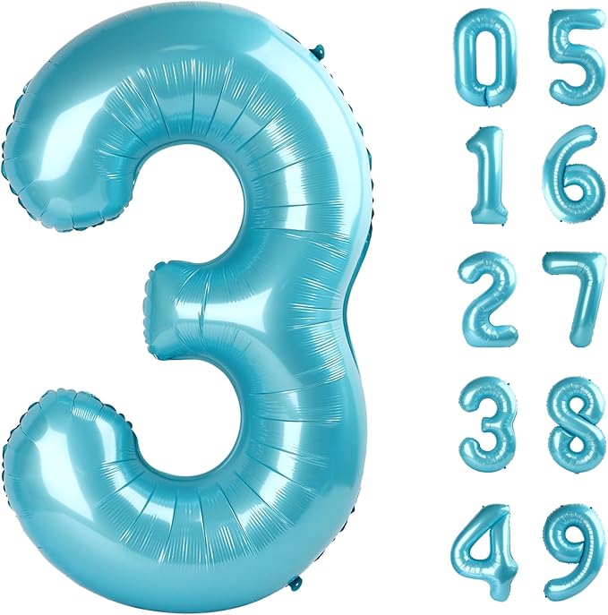 Pearl Blue 3 Number Balloon, 40 Inch 3 Large Number Balloon, 3 13 23 30 33 36 38 Pearl Blue Birthday Party Decorations, Number Three Foil Balloons for Anniversary Graduations Celebration Supplies
