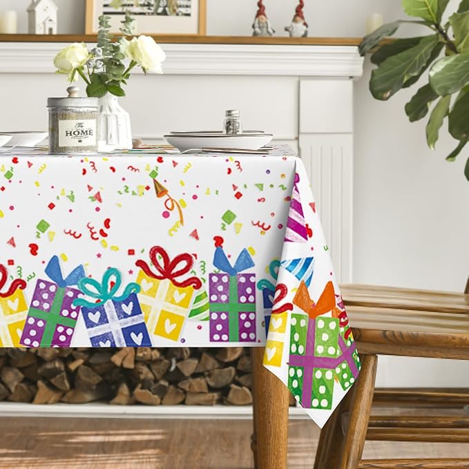 Horaldaily Birthday Tablecloth 60x60 Inch Square, Happy Birthday Ballon White Washable Seasonal Table Cover for Party Picnic Dinner Decor