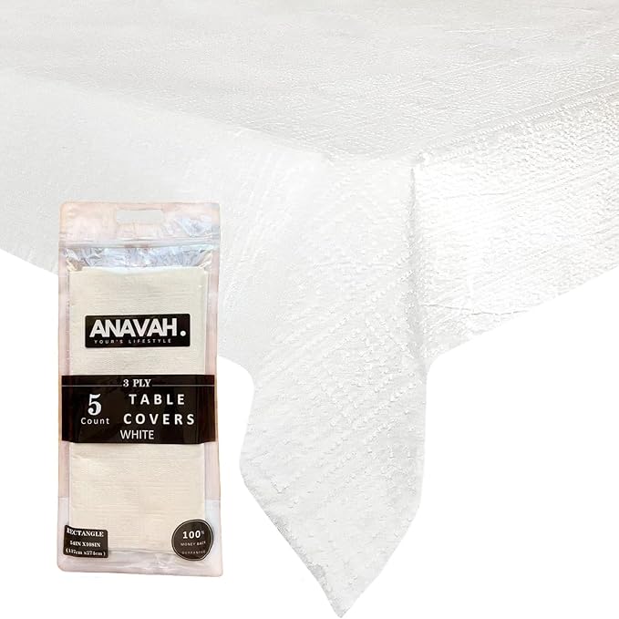 Paper Tablecloths for Rectangle Tables 5 Pack,White Disposable Paper Tablecloth, 3 Ply Paper & Plastic 54" x 108" Tablecover, Table Cloth for Various Occasions Parties, Indoor & Outdoor Banquet Use