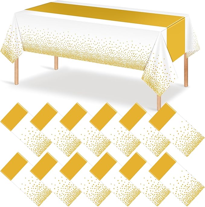 12Pcs White and Gold Tablecloth Party Decorations,Plastic White Table Cloth Printed Gold Table Runner Disposable Rectangle Tables Cover for Birthday Wedding Anniversary Graduation Party,54 x108 Inch
