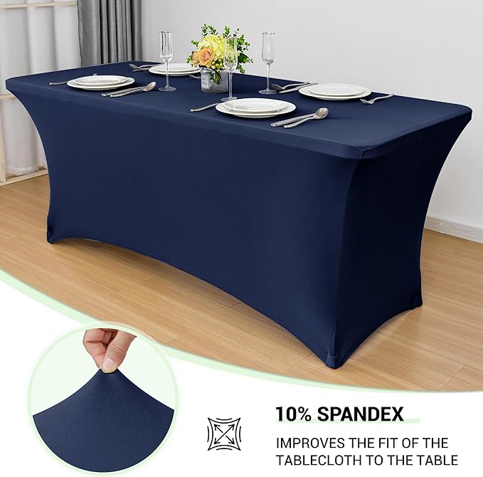 Obstal 8Ft Stretch Spandex Table Cover for Standard Folding Tables - 2 Pack Universal Rectangular Fitted Tablecloth for Party, Banquet, Events, Trade Show (Navy Blue, 96L x 30W x 30H Inches)