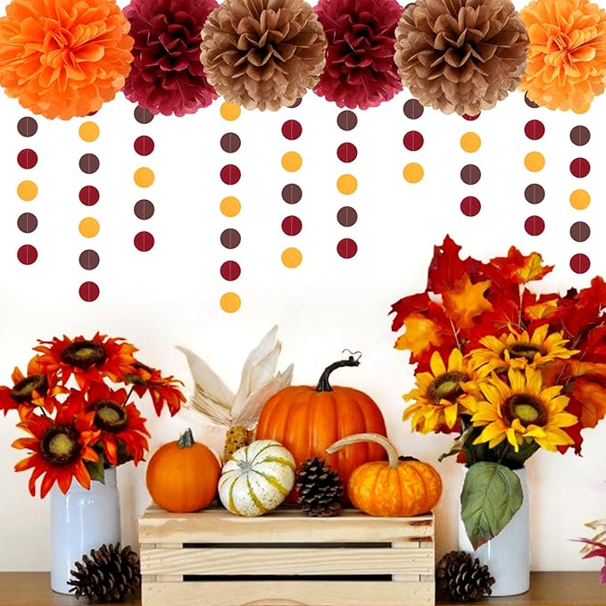 Burgundy Brown-Orange Baby-Shower Boho Party-Decorations - 20pcs Fall Autumn Paper Lanterns Fans,Tissue Pom Poms,Honeycomb Balls,Wedding Birthday Bridal Harvest Thanksgiving Festival Decor Burgleda