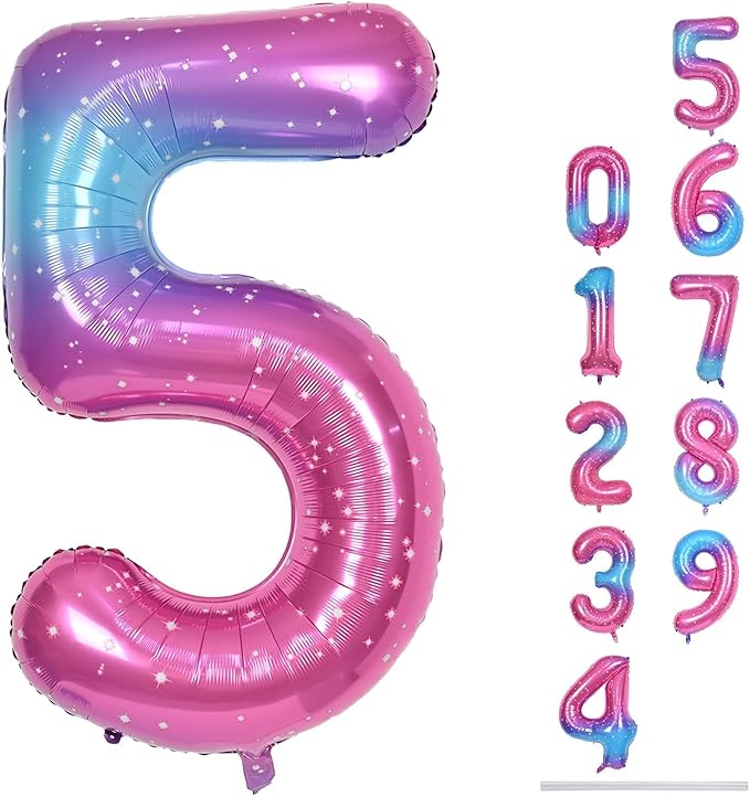 Rainbow Gradient Number 5 Balloon for Girls, 40 Inch Large Blue Pink Purple Number 0-9 Foil Mylar Helium Digital 5 Balloons Set for Women Birthday Anniversary Party Decorations Celebration Supplies