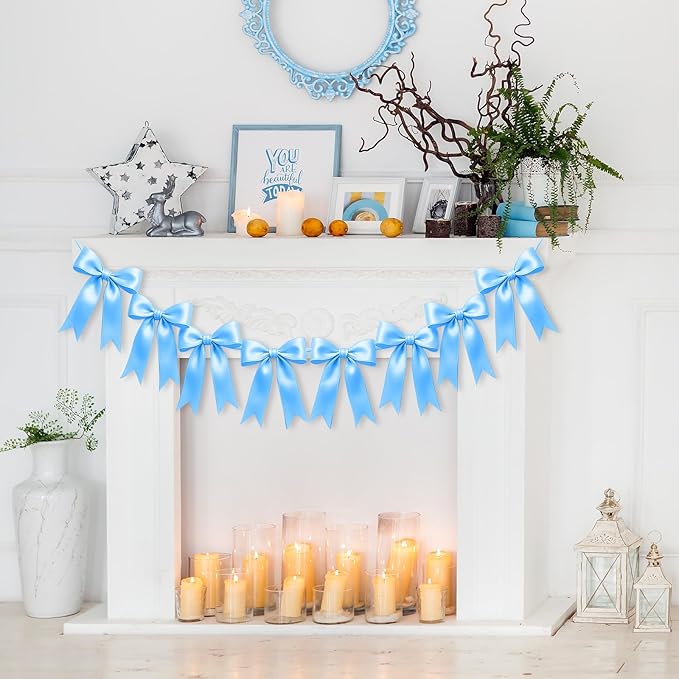 1 String of 8PCS Blue Bow Garland Banner Decoration,Pre-Strung Satin Ribbon Ornaments for Birthday,Bachelorette Party,Bridal Shower,Wedding,Engagement,Baby Shower,Graduation Decor,Anniversary