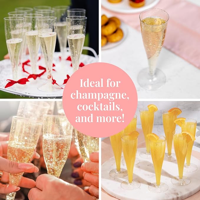 Prestee 100 Gold Plastic Champagne Flutes - 4.5 oz Disposable Champagne Glasses for Toasting at Weddings, Mimosas, Cocktails, Great Gatsby Party Decorations, and Events