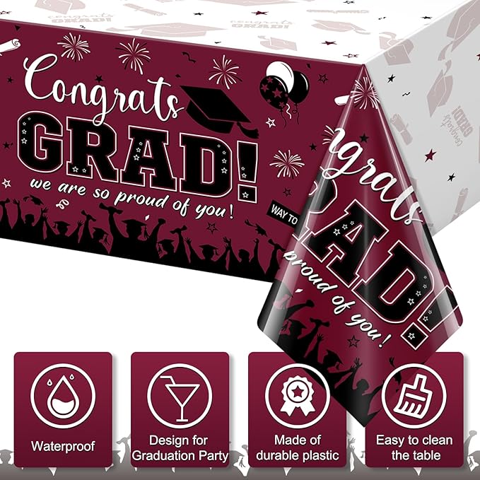 6 Pack Graduation Tablecloth Party Decorations, Class of 2026 Congrats Grad Plastic Tablecover Party Supplies, Maroon Rectangle Graduation Table Decorations for College High School Party, 54 x 108Inch