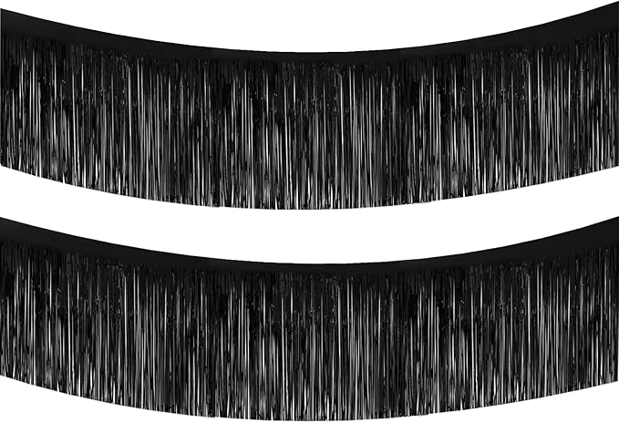Black Foil Fringe Garland 10FT 2packs, Metallic Foil Tinsel Fringe Banners for Parade Float Decorations Wedding, Birthday Party Graduation (Two Black)