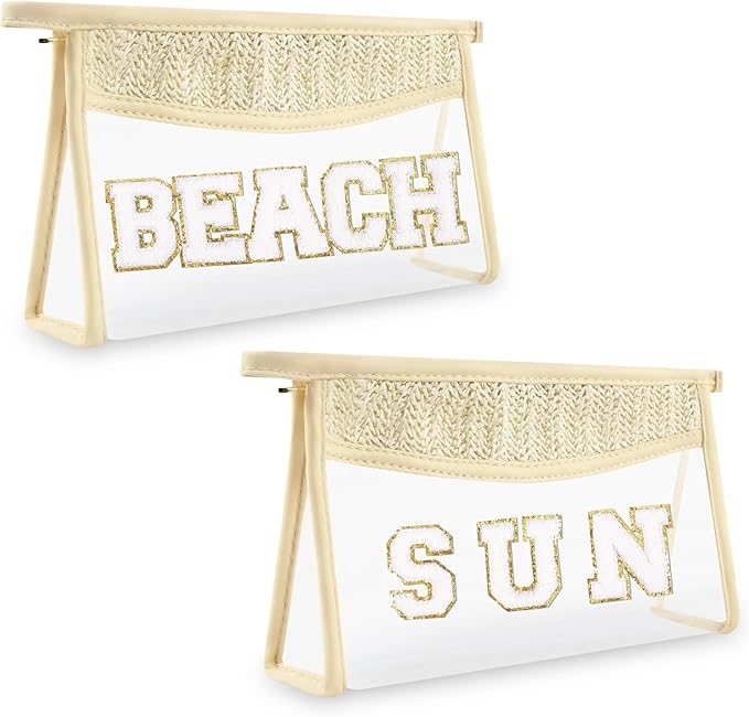 Iqimott 2Pcs Preppy Patch Sun Bag Makeup Letter Bag, Boho Letter Bags for Beach Swim, Waterproof Zipper Make up Bags Toiletry Pouch for Women Girls, Clear Transparent Pouch for Travel(Sun, Beach)