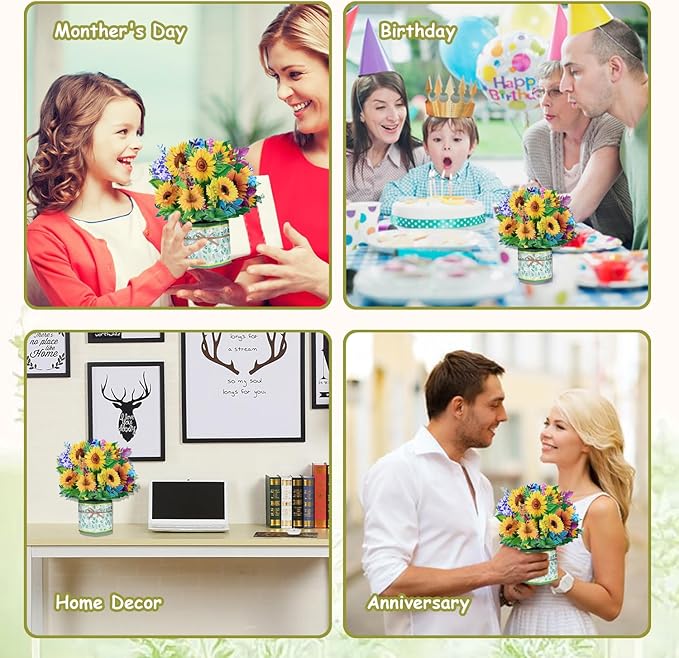 Sunflower Bouquet Pop Up Card, 3D Flower Greeting Card with Envelopes for Any Occasion, Birthday, Mother's Day, Anniversary, Valentines Day, Handmade Gifts, Foldable Flower Cards for Friends