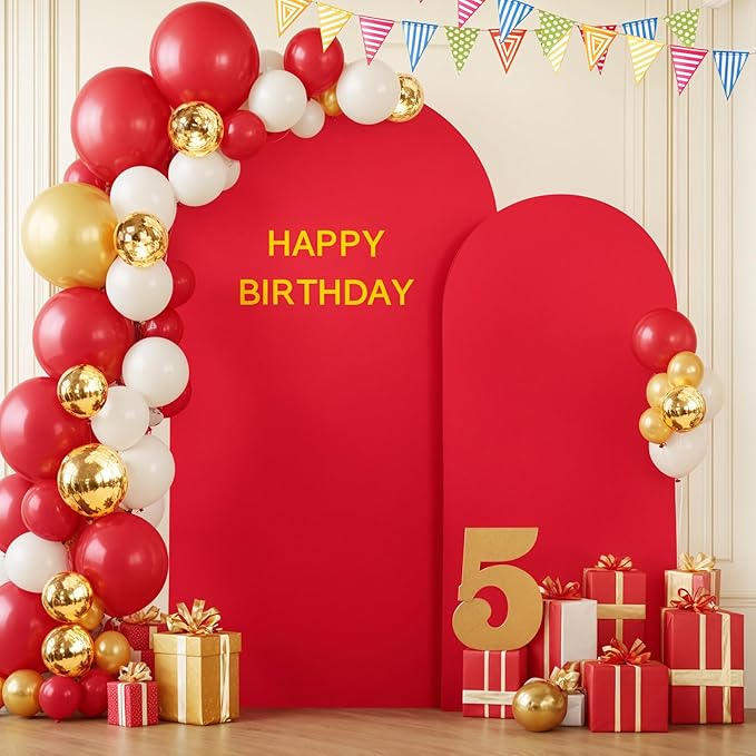 Red Arch Backdrop Covers - 6.6FT, 5FT Spandex Fitted Wedding Arch Stand Covers Round Top Chiara Stretchy Arch Backdrop Cover for Valentines Wedding Birthday Party Decoration