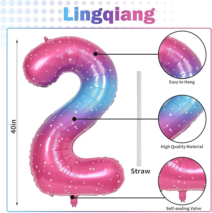 Gradient Blue Pink 2 Balloons, 40 Inch Giant Helium Foil Number 0-9 Rainbow 2th Birthday Balloon for Girls, Self Inflating Starry Digit 2 Balloons for Women Anniversary Party Decorations Supplies