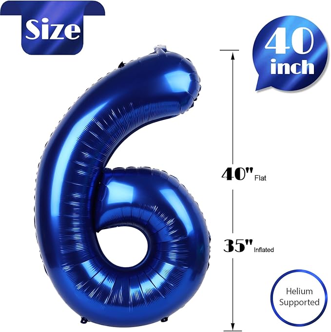 Night Blue Number 6 Balloon 40 Inch, 6 Balloon Number, 6th Birthday Decorations, Night Blue Party Supplies for Boys Girls