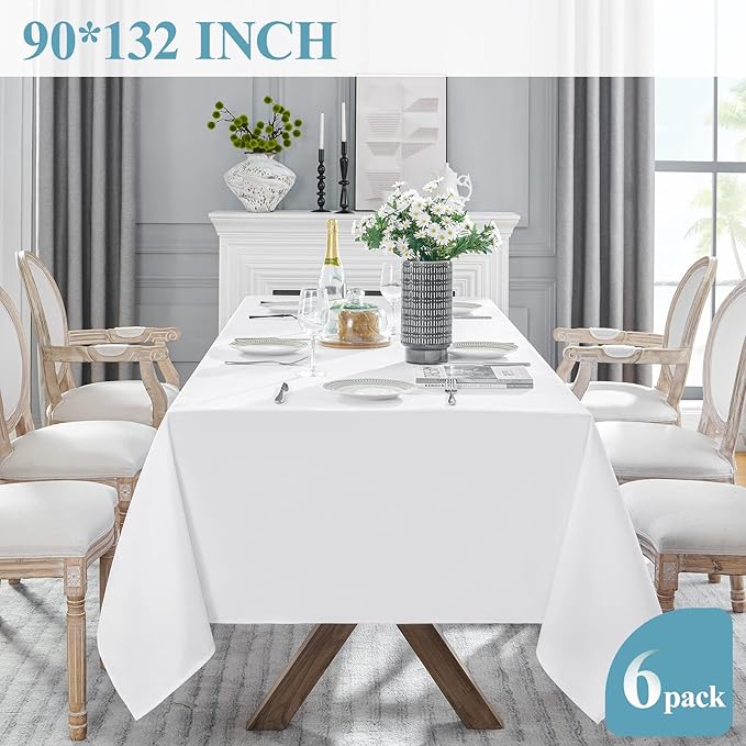 VidaFete Table Cloth 6 Pack 90 * 132inch Rectangle Tablecloth Polyester, Stain Wrinkle Resistant Polyester Dining Table Cover for Kitchen Dinning Party Wedding Rectangular Tabletop Decoration(White)