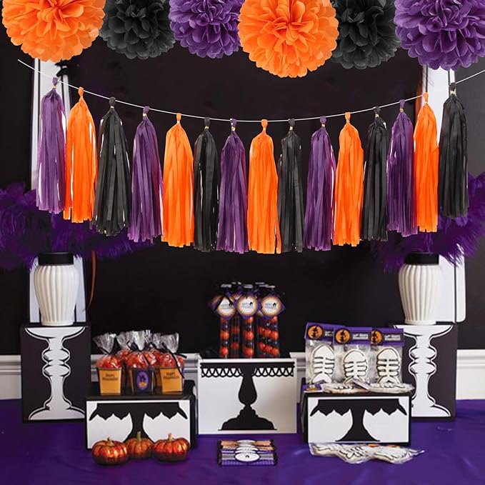 Black Purple Orange Halloween Party-Decorations - 23pcs Tissue Pom Poms Streamers,Tassel Garland Banner,Graduation 2025 Birthday Wedding Baby Bridal Shower Decor Bunting Lasting Surprise