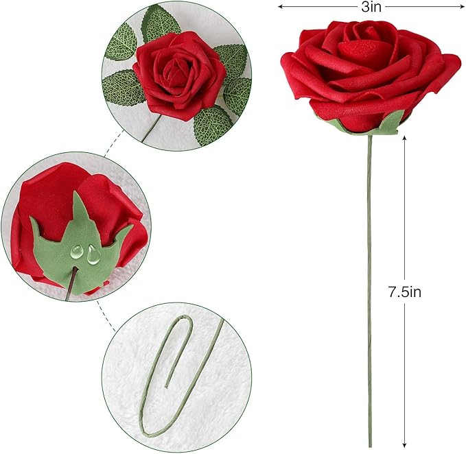 AmyHomie Artificial Flower Dark Red Rose 100pcs Real Looking Fake Roses w/Stem for DIY Wedding Bouquets Centerpieces Arrangements Party Baby Shower Valentines Day Christmas Tree Decorations