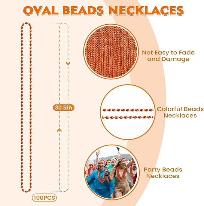 SHAOQINLIN 100 PCS Orange Bead Necklace, Orange Mardi Gras Beads, Halloween Necklaces, 30.5 Inch Party Beads Oval Beaded Necklace for Mardi Gras, Christmas, Halloween