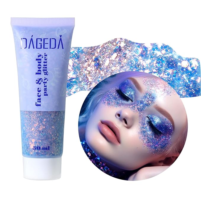 DAGEDA Body Glitter Gel, Face Glitters Body Gel Sequins Shimmer Liquid Eyeshadow, Chunky Glitter for Face Hair Nails, Holographic Cosmetic Laser Powder Festival Glitter Makeup 1.7oz (Mermaid)