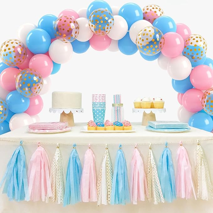 Patimate Gender Reveal Pink and Blue Balloons Set, 50 pcs 12 inch Pastel Blue Pink White Confetti Latex Balloons Kit for Gender Reveal Baby Shower Birthday Party Decorations