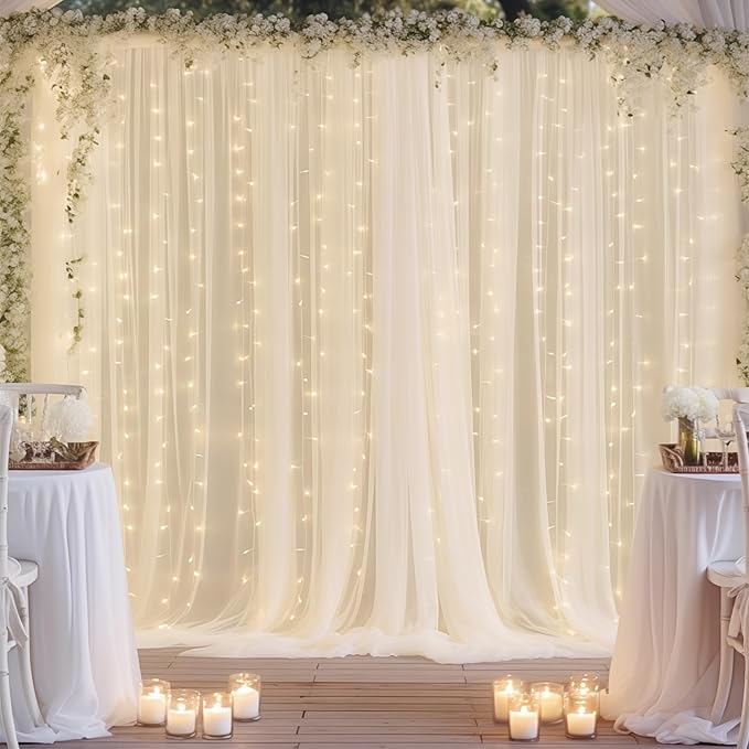30ft x 10ft Ivory Backdrop Curtain with Lights String for Parties, Sheer Tulle Wedding Photo Backdrops Drapes for Baby Shower Birthday Party Decorations Background for Photography