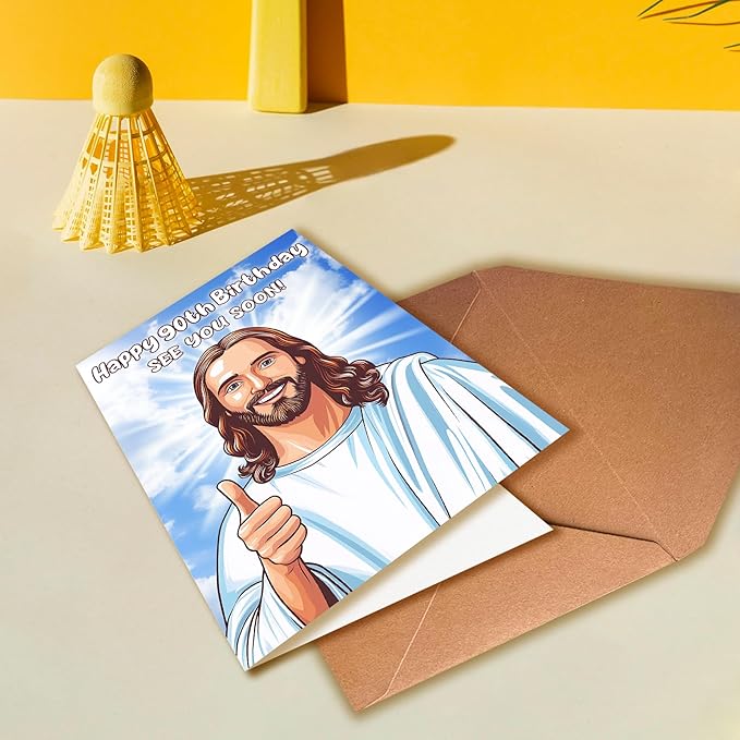 Happy 90th Birthday Funny Jesus Card – Hilarious Dark Humor Greeting for Elderly Men or Women, Funny 90th Birthday Cards for Women or Men