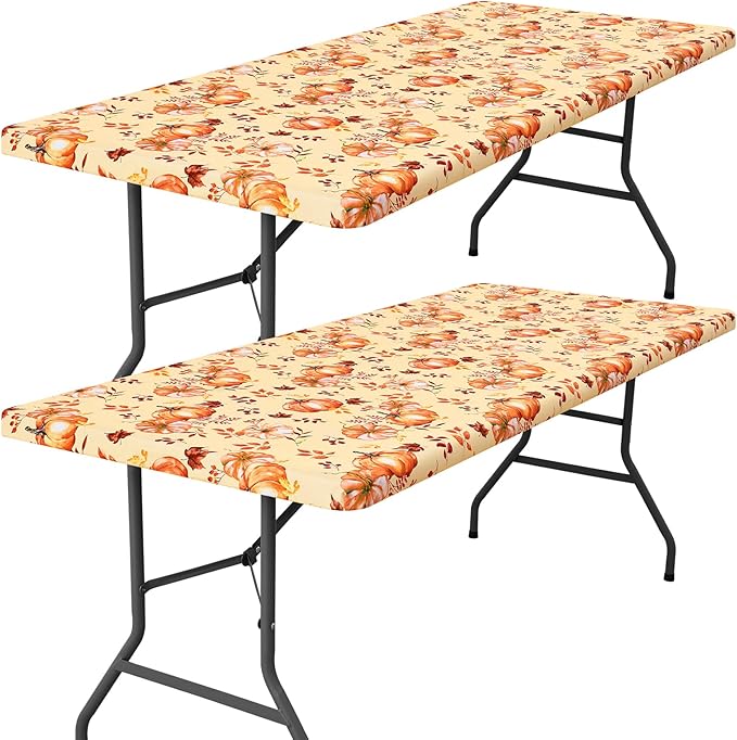 Smiry 2 Pack Rectangle Thanksgiving Table Cloth, Waterproof Elastic Fitted Tablecloths, Washable Polyester Rectangular Patio Table Cover for Autumn Harvest Parties (Pumpkin Leaf, 30"x72")