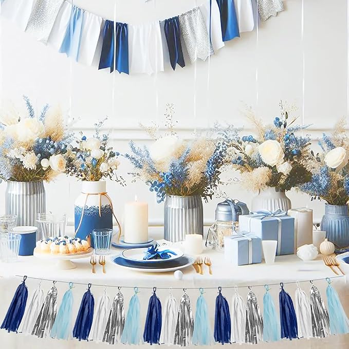 Teal Silver White Navy-Blue Party-Decorations – 15pcs Tissue Paper Tassel Garland Banner Birthday Decorations for Boy Men Christmas Baby Shower Winter Theme Hanging Decor HongTongTong