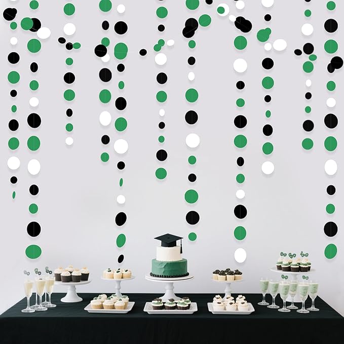 46 Ft Black Green Party Decorations Polka Dots Garlands Green and Black White Hanging Paper Circle Dots Streamer for Birthday Graduation Wedding Baby Shower Soccer Video Game Party Decoration Supplies