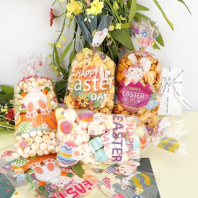 Easter Goodie Bags, 200 PCS Easter Cellophane Treat Bags, Easter Cookie Snack Candy Party Favor Ziplock Cookie Bags Holiday Candy Bags Easter Plastic Gift Bags for Gift Giving Easter Decorations