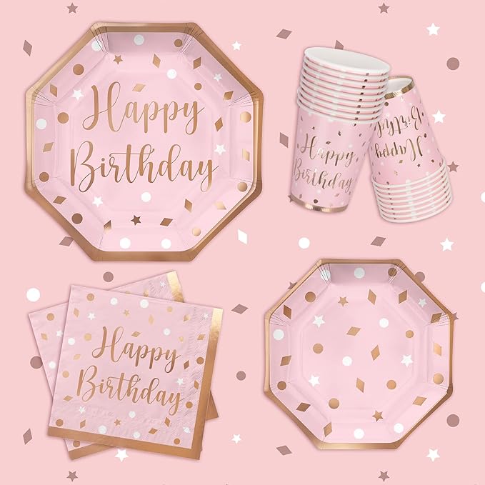 Rose Gold Birthday Party Supplies - Disposable Paper Plates, Napkins, Cups, Tablecloth & Banner for Girl/Women Celebration, Serves 25 - Decorate with Our Rose Gold Plates and Napkins Set
