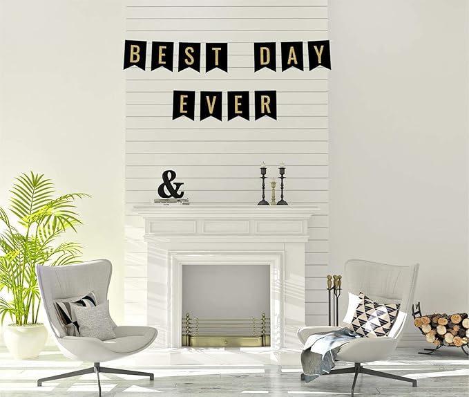 Andaz Press Faux Gold Glitter on Black Wedding Party Banner Decorations, Best Day Ever, Approx 5-Feet, 1-Set, Colored Hanging Pennant Decor