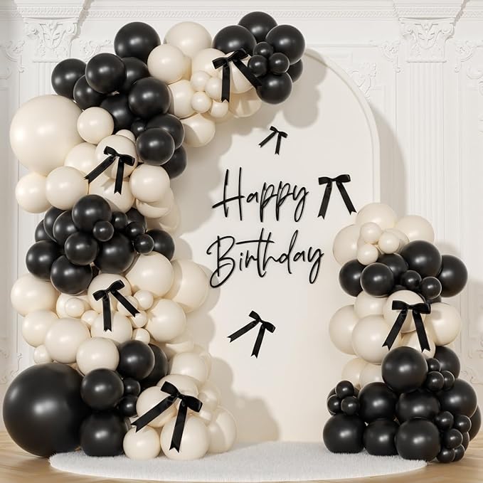 Black and Sand White Balloon Arch Kit 141 Pcs Coquette Birthday Decorations Include Balloons and Black Bow for Wedding Baby Shower Gender Reveal Bow Birthday Decorations