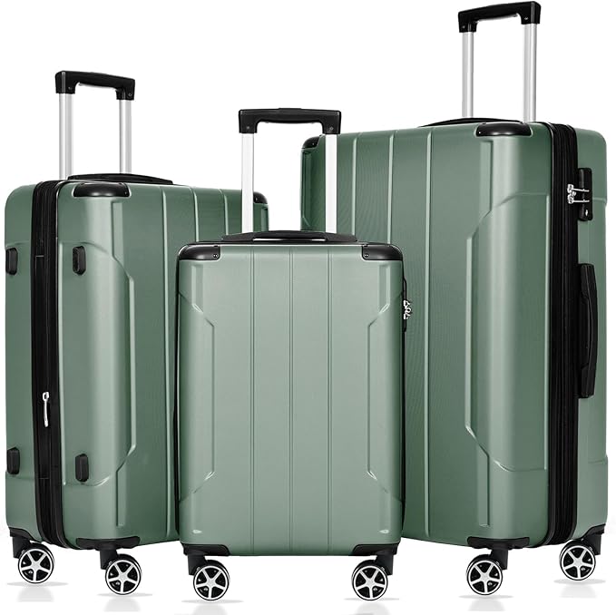 Merax Luggage Sets 3-Piece Hardshell with Spinner Wheels Lightweight Suitcase with Corner Guards (Green, 20/24/28)