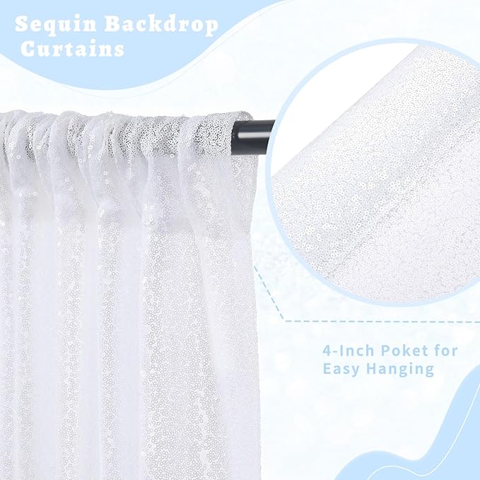 B-COOL White Sequin Backdrop Curtain: 4 Pieces 2ftx8ft Wedding Party Shiny Fabric for Birthday Graduation Background Decorations