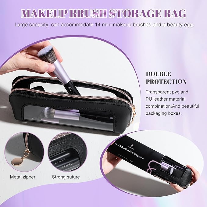 BS-MALL 14 Pcs Makeup Brushes Set with 1 Pcs Makeup Sponge – Essential Foundation Powder Concealers, Eye Shadows, Blush Makeup Brushes with Travel Makeup Case (Purple)