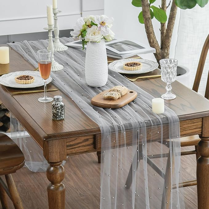 Artoid Mode 6PCS Pearl Grey Gauze Table Runner 120 Inch 10FT, Seasonal Sheer Dining Holiday Wedding Birthday Baby Shower Table Decor for Home Party