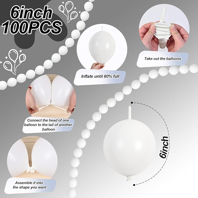 White Link Balloons, 100PCS Linking Balloons with Tail for Making Balloon Wall Arch and Chains, Pearl Quick Balloon for Wedding Birthday Baby Shower Engagement Graduation Party Decorations (6inch)
