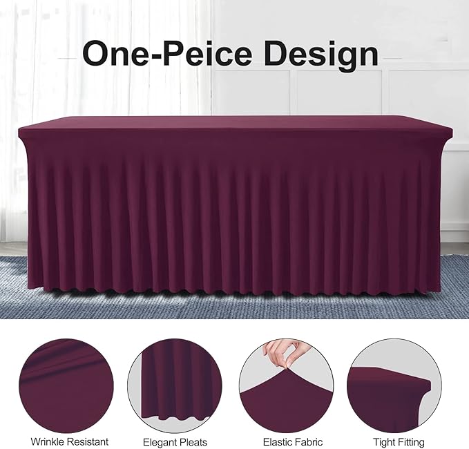 Table Skirts for Rectangle Tables 8ft - One-Piece Burgundy Tablecloths and Skirt, Wrinkle Resistant Ruffles Elastic Cover for Banquets, Weddings, Events, Parties