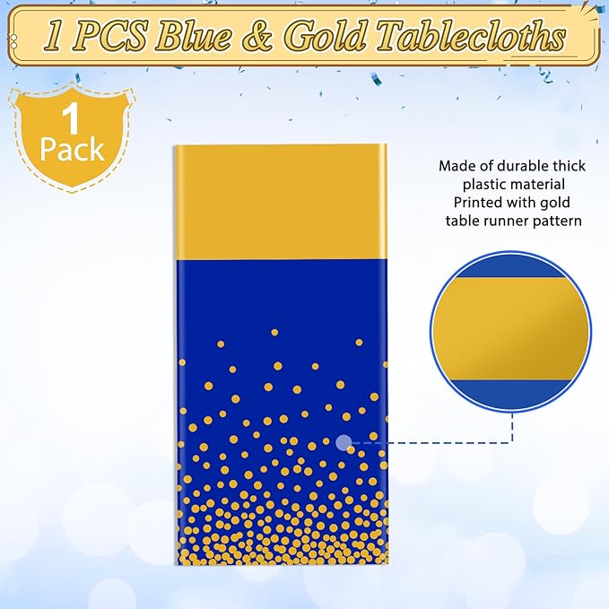 MASHAN 1Pcs Blue Gold Tablecloth Party Decorations,Plastic Royal Blue Table Cloth Printed Gold Table Runner Disposable Rectangle Cover for Birthday Anniversary Wedding Graduation Party,54 x108 Inch