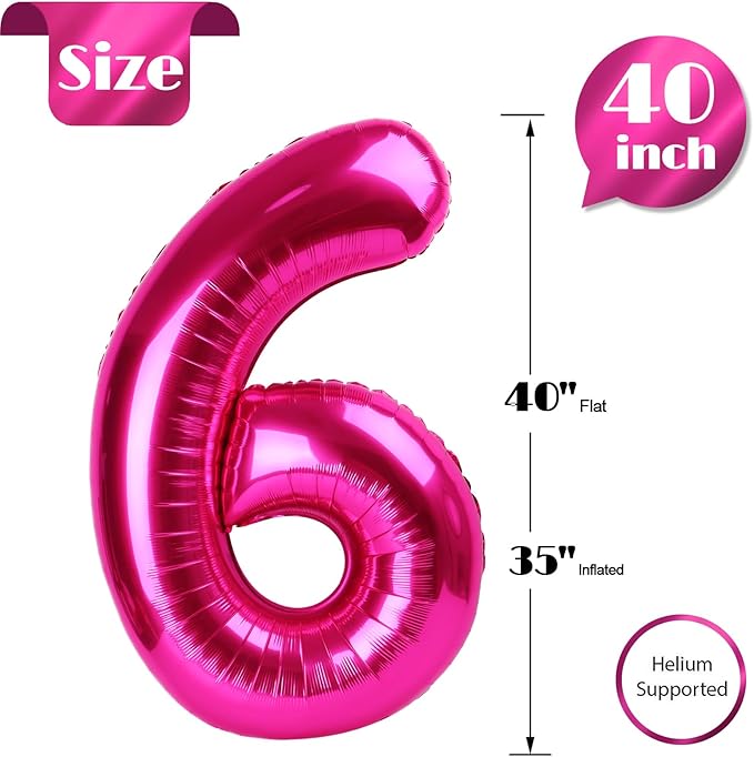 Hot Pink Number 6 Balloon 40 Inch, 6 Balloon Number, 6th Birthday Decorations, Hot Pink Party Supplies for Boys Girls