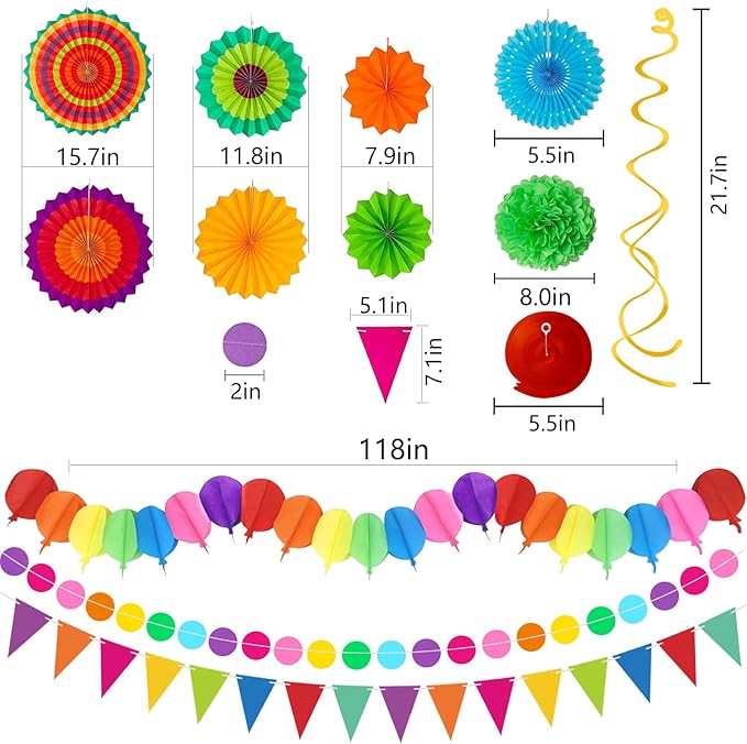 33Pcs Fiesta Decorations Cinco De Mayo Decorations Multi-Color Paper Fans Garlands Pennant Pom Poms Hanging Swirls For Birthday Wedding Rainbow Mexican Party