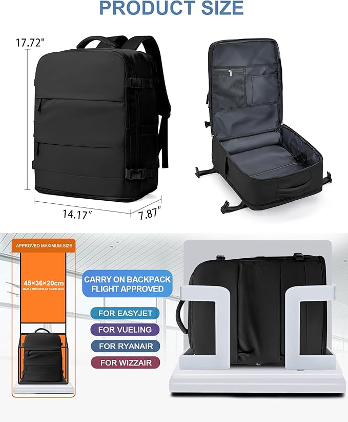 coowoz Large Travel Backpack Carry On for Women Man Black Waterproof Gym Backpacks with Laptop Compartment Mochila de Viaje Teacher Personal Item Backpack Rucksack Airplane Accessories Must Haves