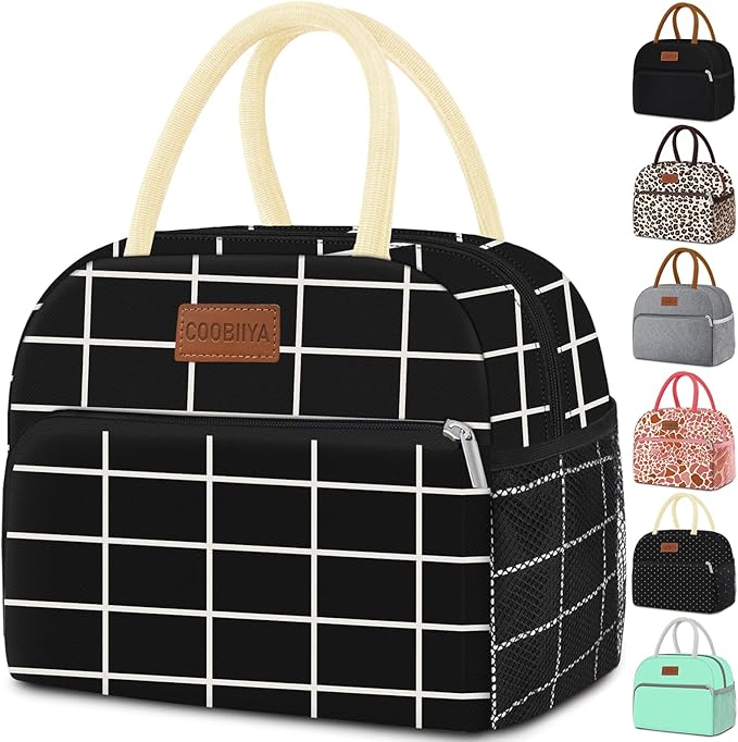 Coobiiya Lunch Bag Women, Lunch Box for Women Adult Men, Small Leakproof Cute Lunch Tote Large Capacity Reusable Insulated Cooler Lunch Container for Work/Office/Picnic/Travel-Black Plaid