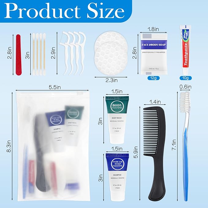 Toiletry Kits Travel Essentials Disposable Hygiene in Bulk, Trial Size Toiletries Supplies Individually Wrapped Traveling Personal Care Items, for Camping, Hotel, Homeless, Charity, 8-in-1 (40-Pack)