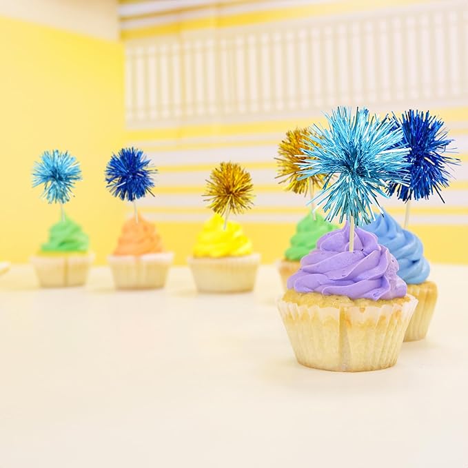 Gyufise 30Pcs Foil Firework Cupcake Toppers Sparkle Tinsel Cake Toppers Tinsel Drink Cake Decoration Cocktail Picks for Birthday Wedding Graduation Party Supplies Gold Light Dark Blue